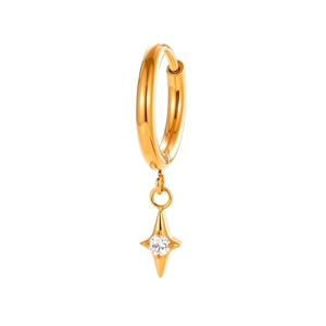 Golden titanium star hoop earring with clear cubic zirconia pendant on white background