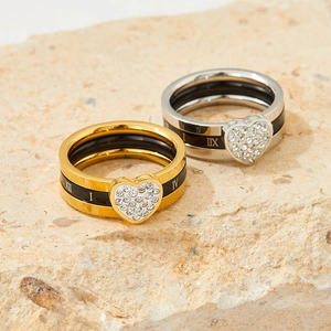 Luxurious stainless steel heart ring set with crystals and Roman numerals on stone base