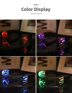 Detail of cyberpunk LED glasses with laser-engraved textures in four vibrant light colors