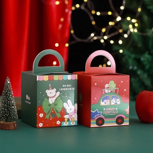 Cartoon Christmas gift boxes in red and green with handles and festive illustration