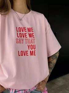 Γυναικείο Βαμβακερό T-Shirt Κοντό Μανίκι Στρογγυλή Λαιμόκοψη Oversized Ροζ Τύπωμα Γράμματα Casual Chic Streetwear Χαλαρή Μπλούζα