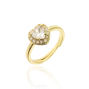 Macro shot of gold-plated open ring featuring a heart-shaped white zircon with pavé halo