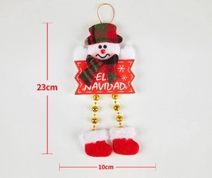 Detail of felt snowman ornament with beaded legs and Feliz Navidad text, 23cm x 10cm size
