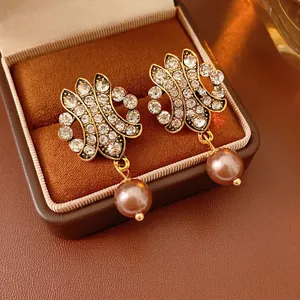 Vintage Baroque Hollow Artificial Pearl Drop Earrings Alloy Rhinestone Elegant Jewelry With Silver Earring Post For Women