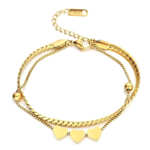 Double-layered 18K gold-plated titanium steel bracelet featuring three heart charms