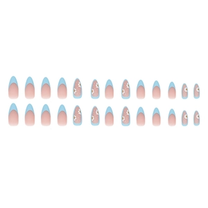 Faux ongles amande style french, bords bleus, marguerites blanches et pois, lot de 24