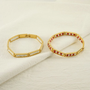 18K gold plated stainless steel bracelet with geometric links and white red beads