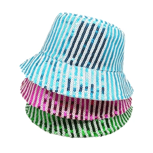 Sparkly sequin bucket hats with colorful stripes for festivals and stage performances
