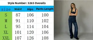 Detailed size chart for women's casual loose denim overalls showing S to XXL measurements