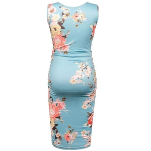 Back view of light blue sleeveless floral maternity bodycon dress on a mannequin