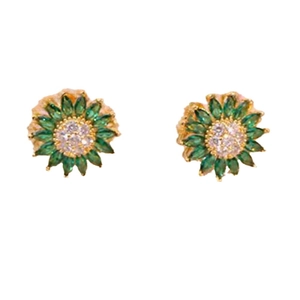 Elegant gold flower stud earrings with green petal stones and white crystal center