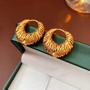 Chunky Hoop Earrings 18K Gold Plated Copper Braided Textured Retro Chic Jewelry For Women With Silver Earring Post