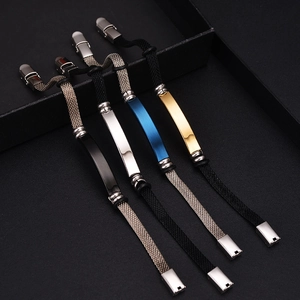 Men's vintage stainless steel mesh ID bracelets in black, silver, blue, and gold colors