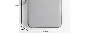 Detailed size chart showing 28cm height, 20cm width for the gray waterproof laptop sleeve