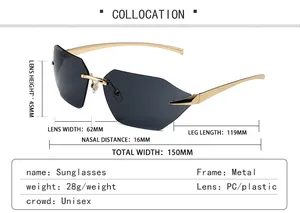Detailed size chart for frameless unisex sunglasses with 150mm width and metal frame