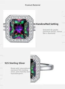 Macro shot of S925 sterling silver ring with square rainbow stone and 5A zircon inlay