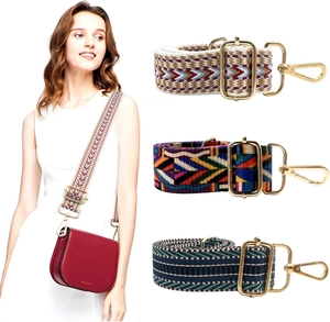Close-up of three woven wide shoulder straps with ethnic geometric patterns and gold clips