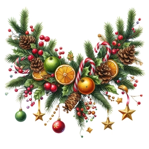 Detailed Christmas wall sticker border with pine needles, berries, and ornaments on white