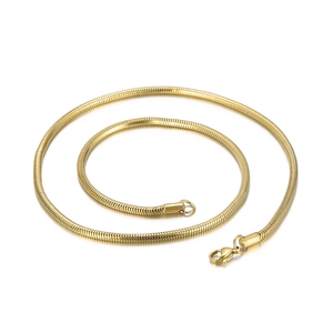 Polished gold round snake bone chain necklace with lobster clasp on white background