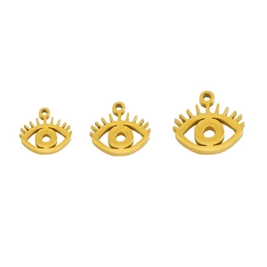 Three gold eye-shaped stainless steel pendants in varying sizes on white background