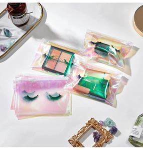 Holographic eyelash cosmetic bags in various sizes with iridescent finish and zipper seal