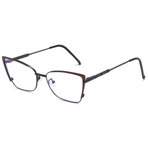 Modern cat-eye metal optical eyeglass frames in reddish-brown and black finish