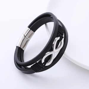 Men's double layer black leather infinity bracelet with silver magnetic buckle
