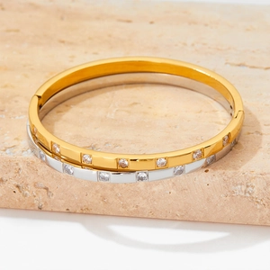Stainless Steel Bangle Bracelet For Women With Cubic Zirconia Slim Rhinestone Inlaid Minimalist Jewelry Gift