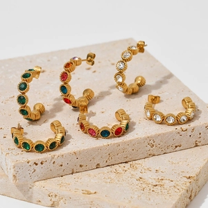 Vintage C-Shaped Hoop Earrings Stainless Steel With Colorful Zircon Inlaid Textured Metal Retro Jewelry For Women