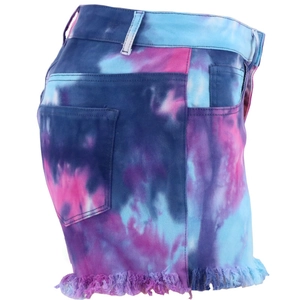 Detail showing colorful tie-dye patterns and trendy frayed hem on high waist denim shorts