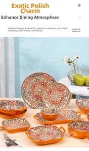 Detail view of Bohemian ceramic tableware set with colorful mandala patterns and glaze