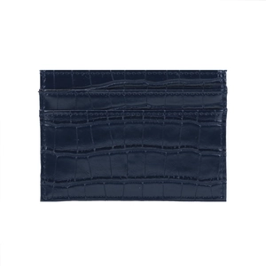 Detailed view of deep blue card holder featuring high-gloss faux crocodile leather texture