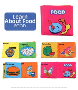 Macro view of baby cloth book pages showing colorful food illustrations and English words