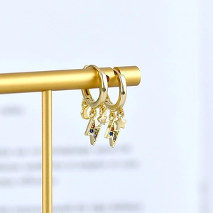 S925 silver needle gold hoop earrings with star moon lightning charms and colorful zircons