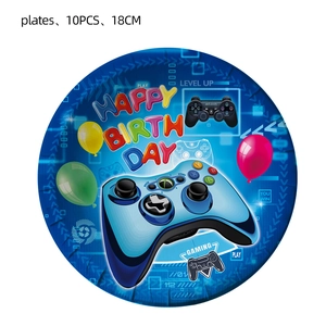 Close-up of 10-piece set of 18cm blue game theme birthday party disposable paper plates