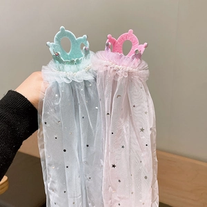 Girls crown headband with long star-patterned mesh veil in pink and blue colors