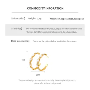 Size chart showing 4x3cm C-shaped earrings made of copper, zircon, and faux pearls