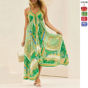 Halter Maxi Dress Deep V Neck Backless Bohemian Paisley Floral Print Irregular Hem Summer Beach Vacation Women