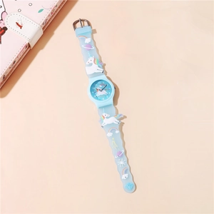Detail of 3D unicorn and rainbow motifs on wave silicone strap for kids watch