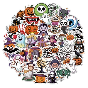 Macro shot of colorful Halloween stickers with pumpkins and ghosts in a circular layout