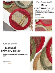 Detailed macro view of woven paper and jute placemat with handmade fringe edge