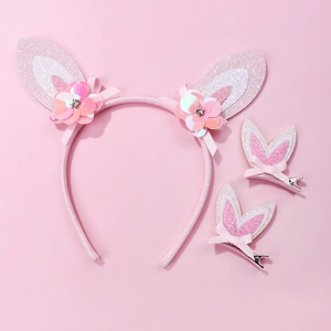 Ensemble serre-tête et pinces à oreilles de lapin roses avec paillettes et fleurs
