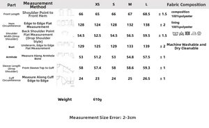 Size chart and fabric details for the hooded windbreaker and cargo skirt set