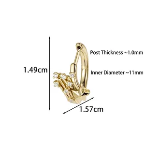 Golden meteor earrings with white zircon inlays and detailed product dimensions shown