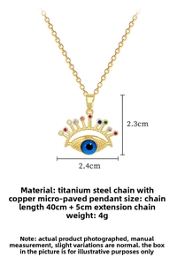 Macro detail of devil's eye pendant with multicolored zircons and titanium steel chain