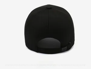 Rear view of black baseball cap for men featuring an adjustable buckle strap detail