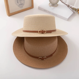 French style flat top straw sun hat for women with leather band and gold buckle detail