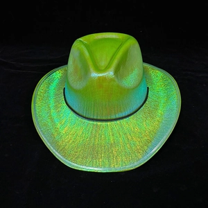 Close-up of holographic neon green cowboy hat featuring a black decorative cord