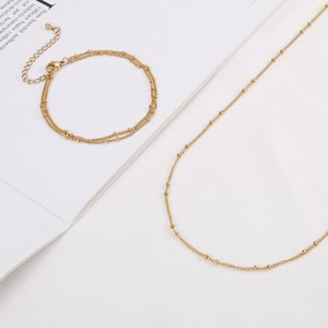 Minimalist gold stainless steel beaded chain necklace and bracelet jewelry set for women