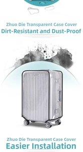 Detail of waterproof transparent PVC luggage cover with reinforced black edging